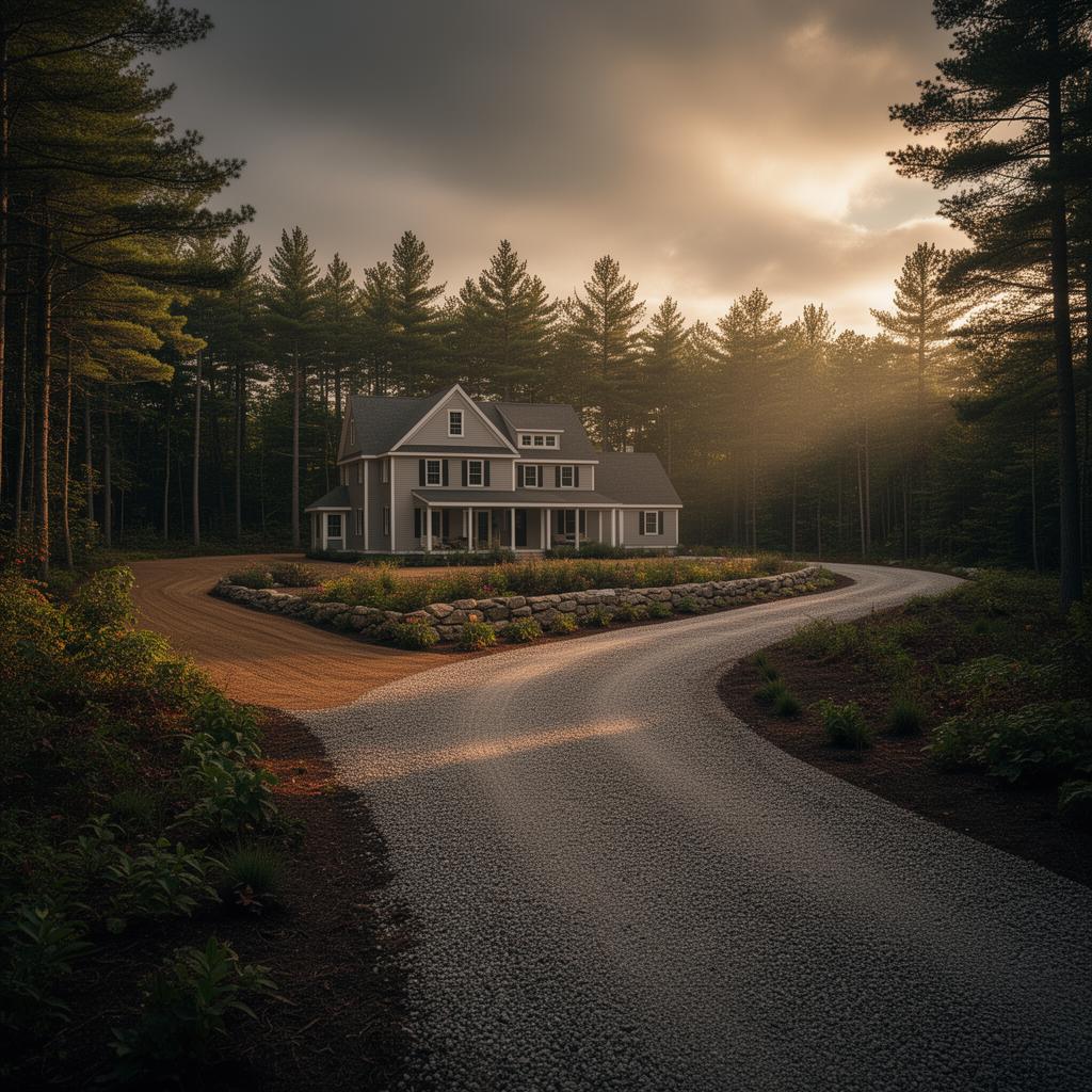 Completed site development project with new gravel driveway and drainage in Southern Maine
