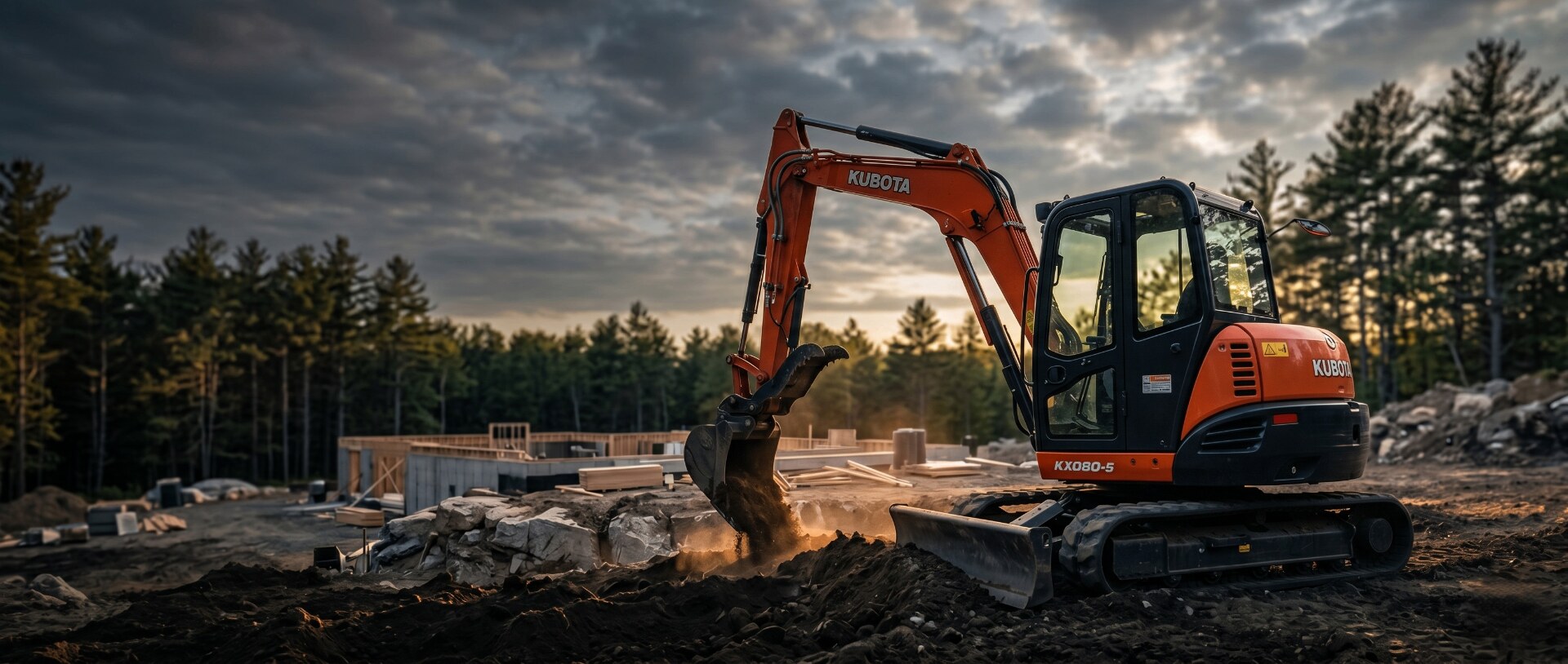 Excavator earthmoving at a site-development project in southern Maine